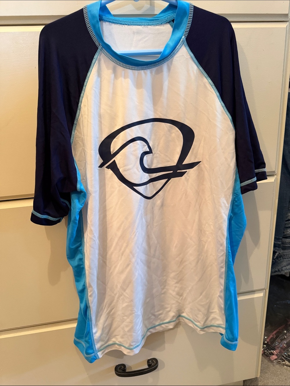 Navy & White Rash Guard with Teal Accents Swim Shirt